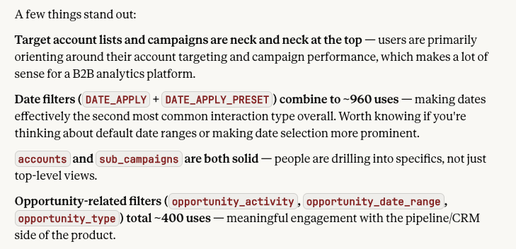 Claude's analysis of the Amplitude data